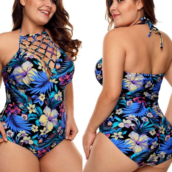 Tahiti Other - Tahiti Women's Blue/Multi One-Piece Lattice Front Halter Floral Swimsuit M(8-10)